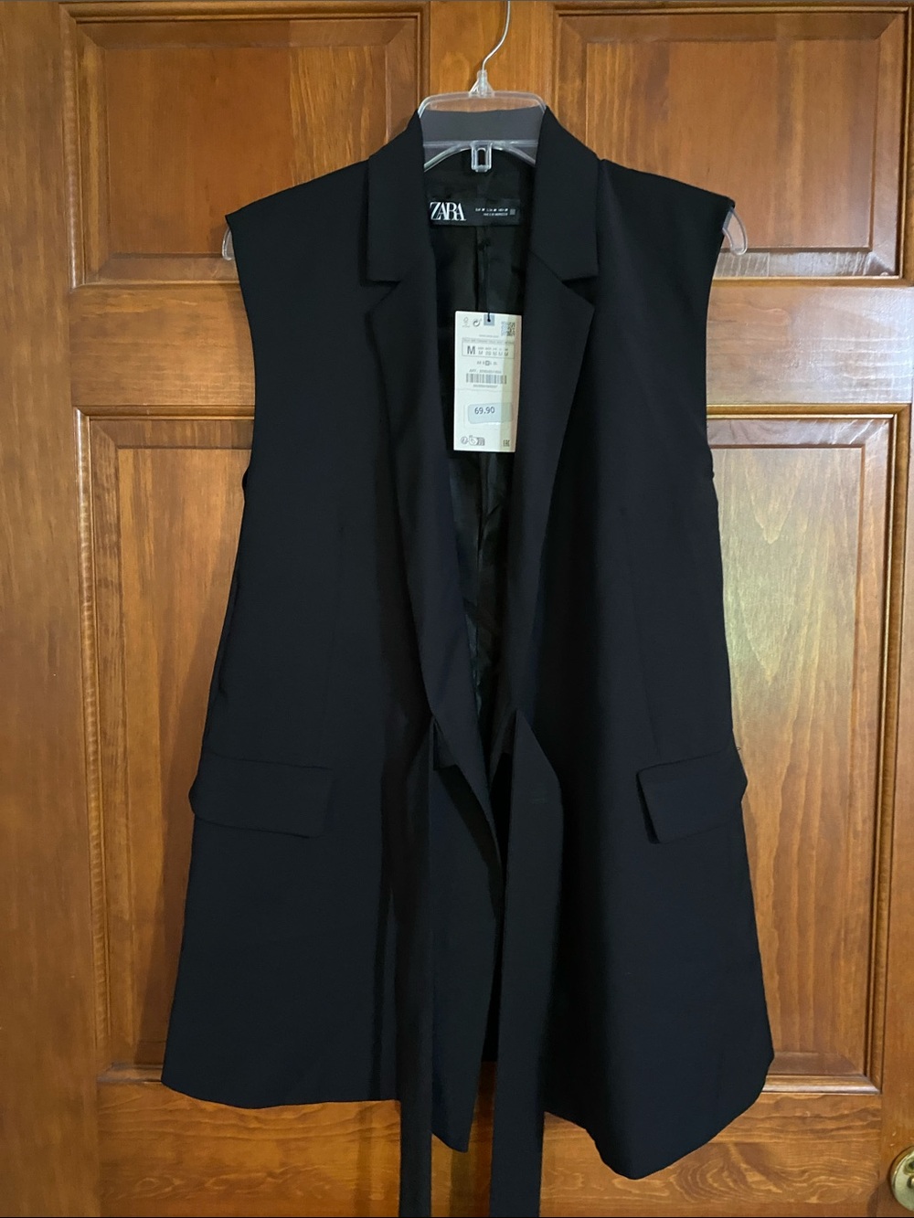 Zara Black Sleeveless Long Blazer Vest with Waist Tie